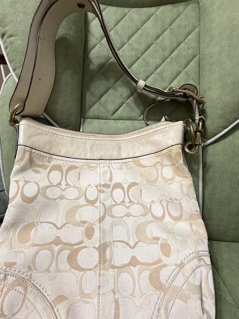 Coach Signature Jacquard Shoulder Bag in Cream and Tan